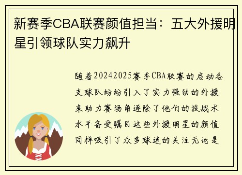 新赛季CBA联赛颜值担当：五大外援明星引领球队实力飙升