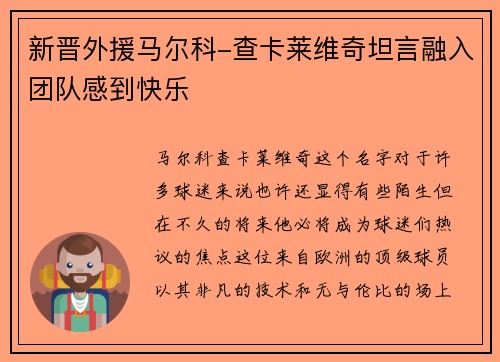 新晋外援马尔科-查卡莱维奇坦言融入团队感到快乐